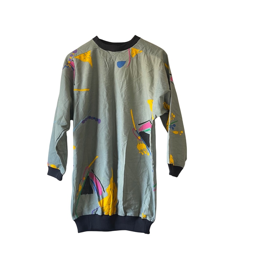Vintage Abstract Art to Wear Dress Long Sleeve‎ Pullover Gray/green size small
